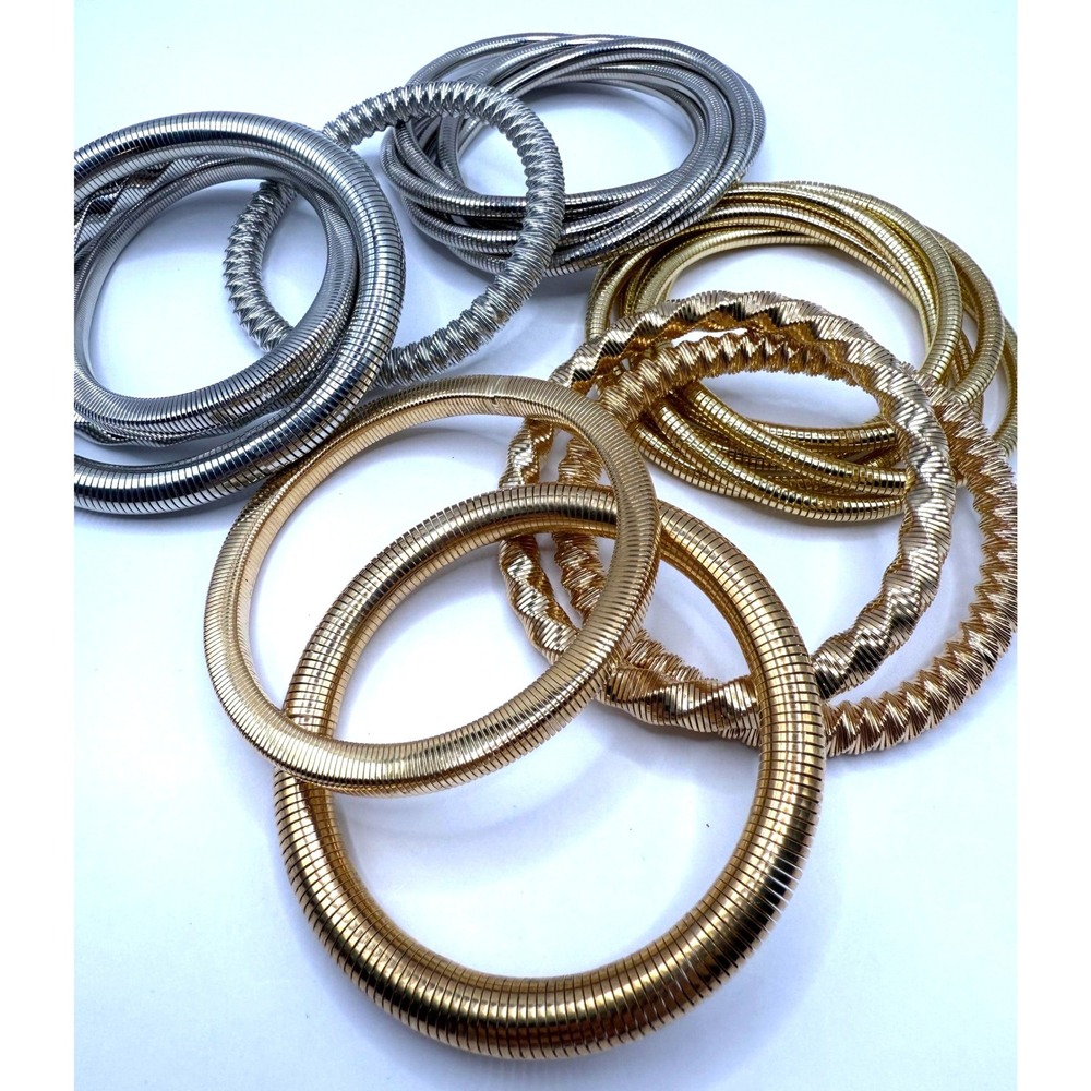 Gold & Silver Tone Textured Coil‎ Bangle Bracelets –  Stackable Set (10 Pieces)